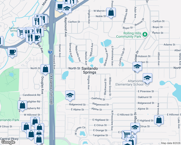 map of restaurants, bars, coffee shops, grocery stores, and more near 1150 Virginia Avenue in Altamonte Springs
