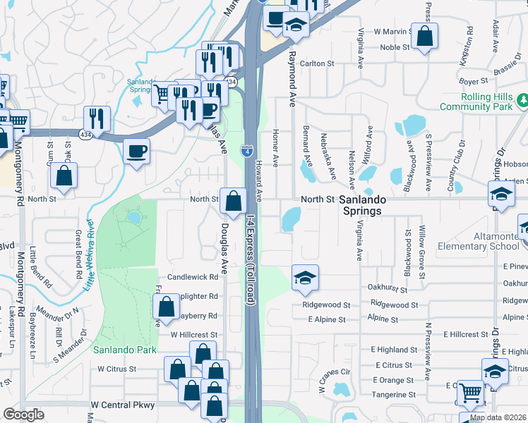 map of restaurants, bars, coffee shops, grocery stores, and more near 511 Howard Avenue in Altamonte Springs