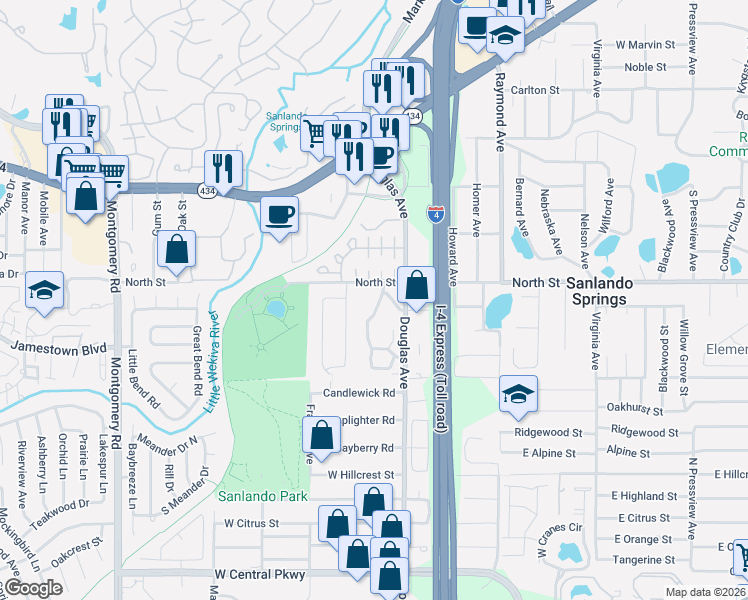 map of restaurants, bars, coffee shops, grocery stores, and more near 940 Douglas Avenue in Altamonte Springs