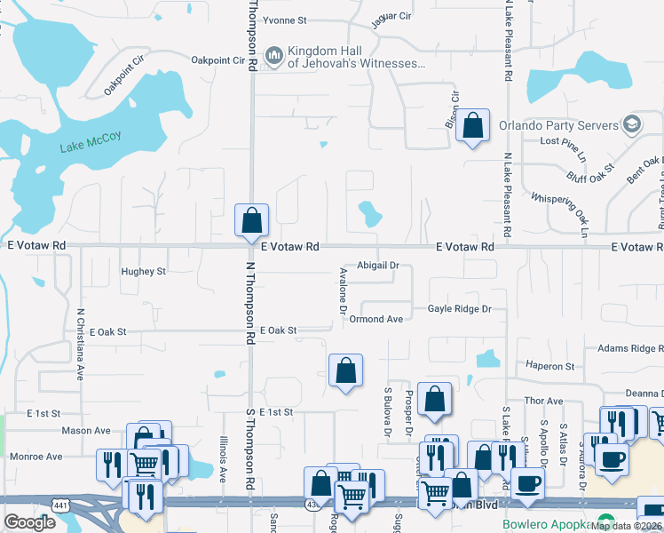 map of restaurants, bars, coffee shops, grocery stores, and more near 314 Avalone Drive in Apopka