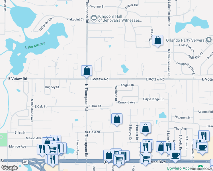map of restaurants, bars, coffee shops, grocery stores, and more near 1319 Independence Road in Apopka