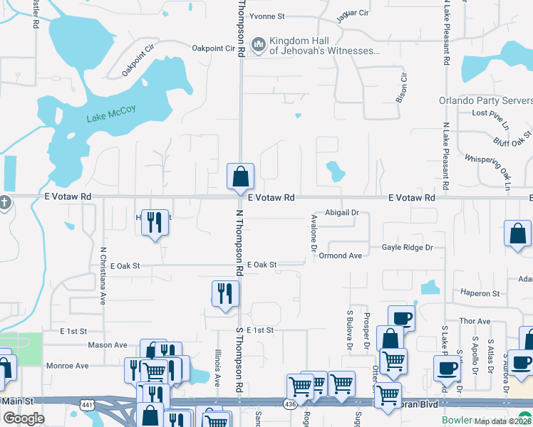 map of restaurants, bars, coffee shops, grocery stores, and more near 1221 Independence Road in Apopka