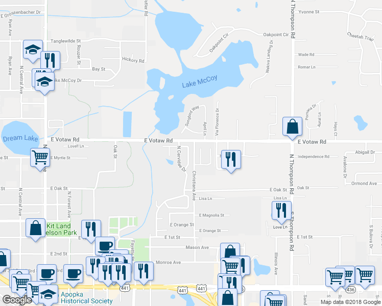 map of restaurants, bars, coffee shops, grocery stores, and more near 330 Garden Oak Court in Apopka