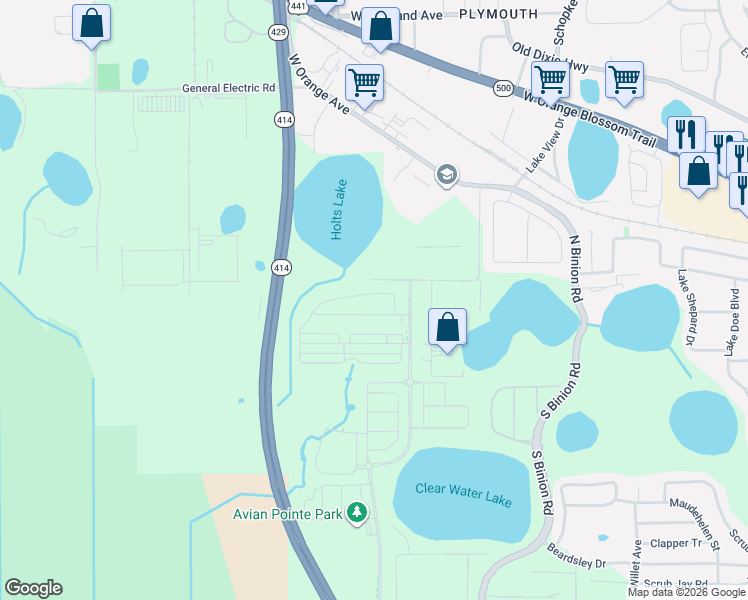 map of restaurants, bars, coffee shops, grocery stores, and more near 2610 Peterson Road in Apopka