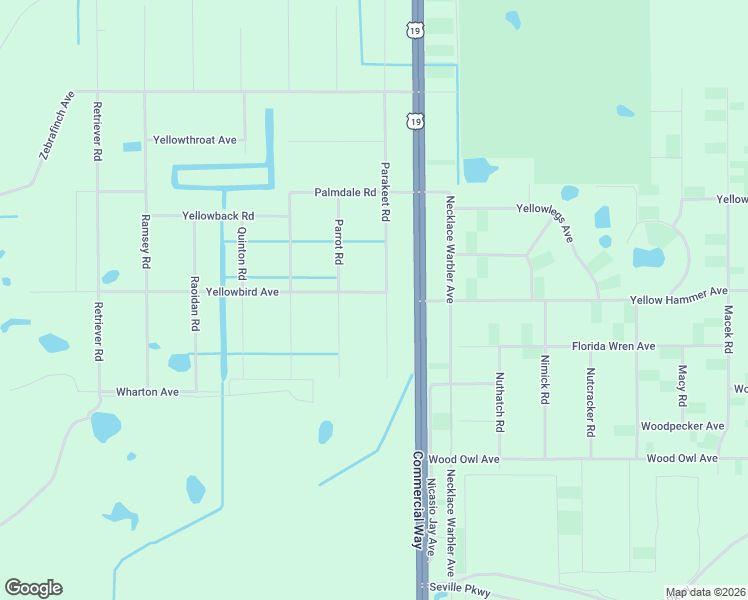 map of restaurants, bars, coffee shops, grocery stores, and more near 18119-18131 Parakeet Road in Brooksville