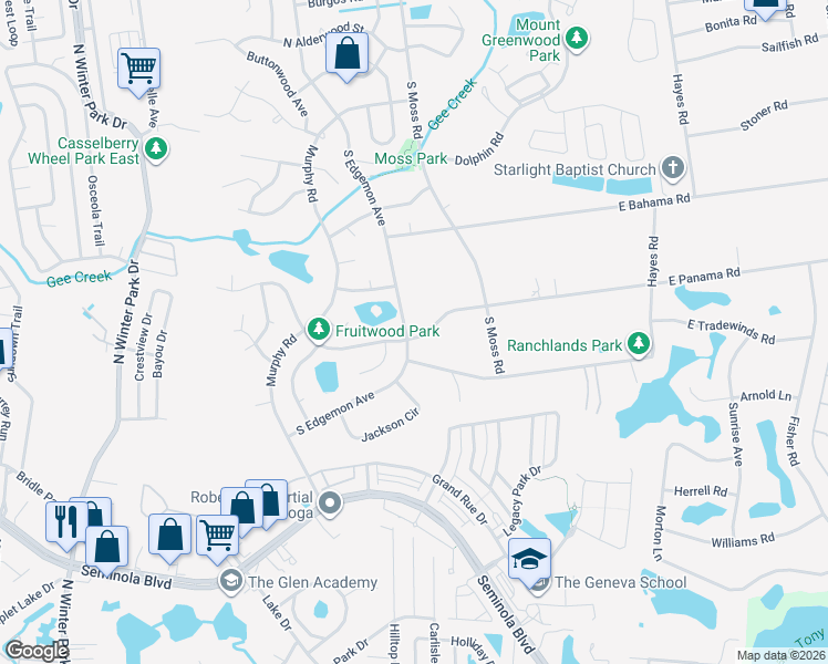 map of restaurants, bars, coffee shops, grocery stores, and more near 735 South Edgemon Avenue in Winter Springs