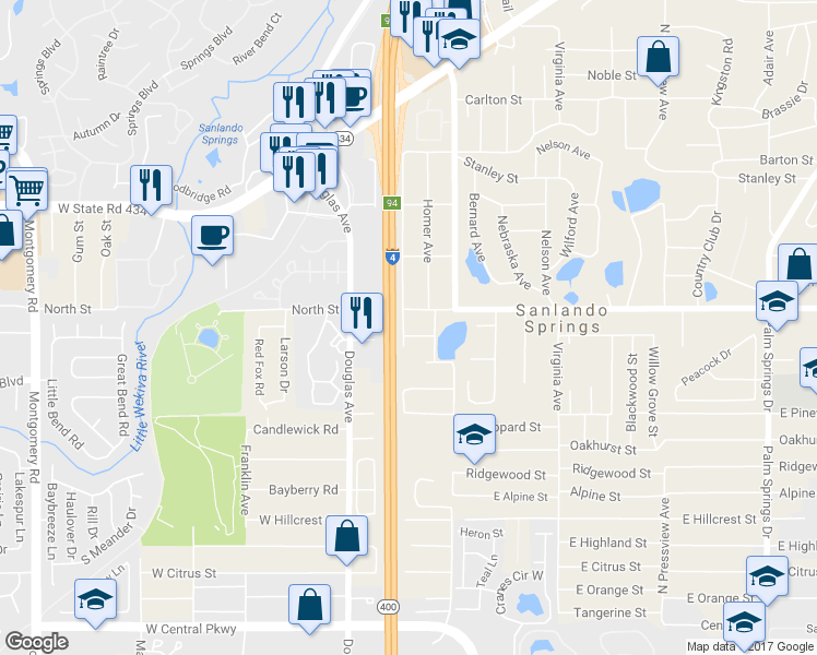 map of restaurants, bars, coffee shops, grocery stores, and more near 511 Howard Avenue in Altamonte Springs