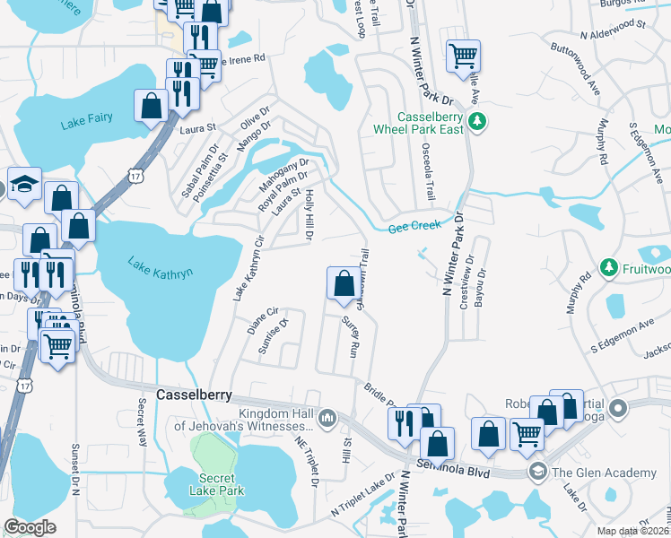 map of restaurants, bars, coffee shops, grocery stores, and more near 802 Paddock Way in Casselberry