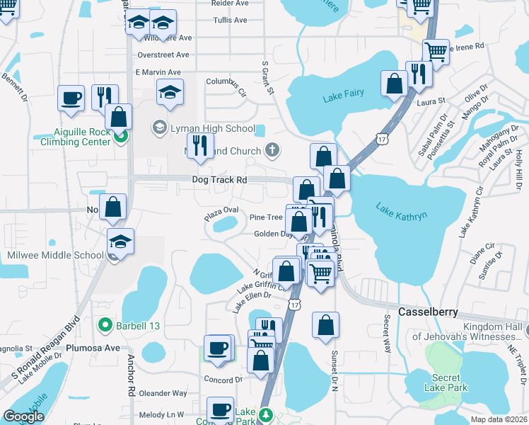 map of restaurants, bars, coffee shops, grocery stores, and more near 211 Pine Tree Drive in Casselberry