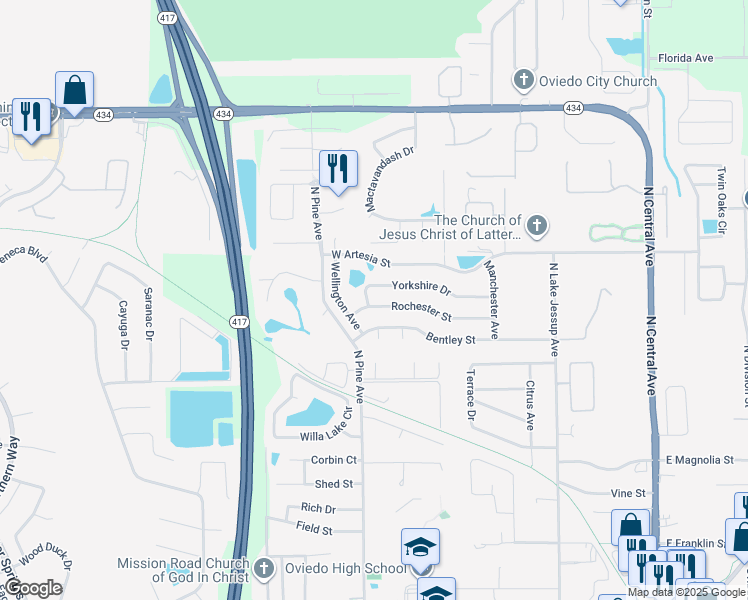 map of restaurants, bars, coffee shops, grocery stores, and more near 692 Rochester Street in Oviedo