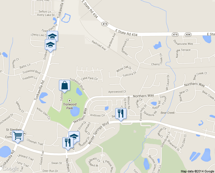 map of restaurants, bars, coffee shops, grocery stores, and more near 1381 Yellow Pine Court in Winter Springs
