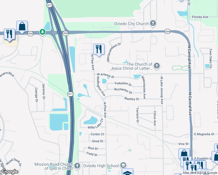 map of restaurants, bars, coffee shops, grocery stores, and more near 692 Rochester Street in Oviedo