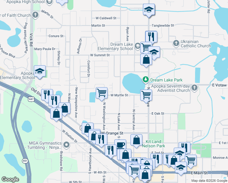 map of restaurants, bars, coffee shops, grocery stores, and more near 319 Carnation Court in Apopka