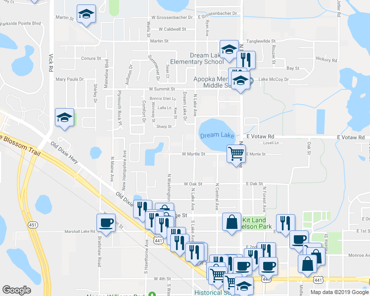 map of restaurants, bars, coffee shops, grocery stores, and more near 319 Carnation Court in Apopka