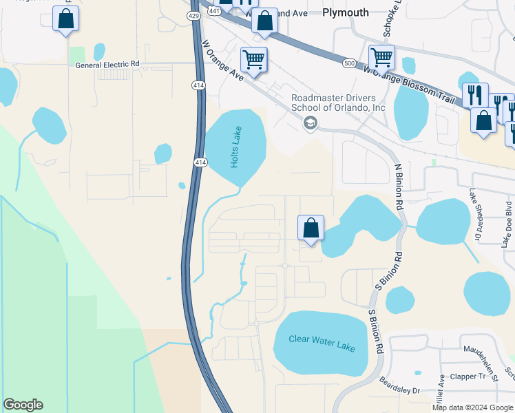 map of restaurants, bars, coffee shops, grocery stores, and more near 2610 Peterson Road in Apopka
