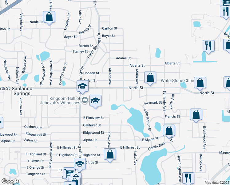 map of restaurants, bars, coffee shops, grocery stores, and more near 102 Elizabeth Avenue in Altamonte Springs