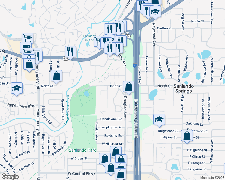 map of restaurants, bars, coffee shops, grocery stores, and more near 982 Douglas Avenue in Altamonte Springs
