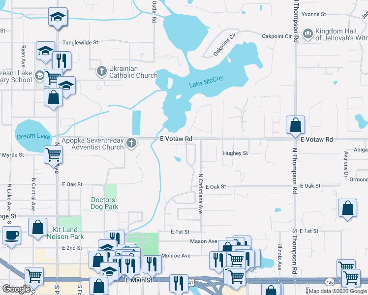 map of restaurants, bars, coffee shops, grocery stores, and more near 339 North Cervidae Drive in Apopka