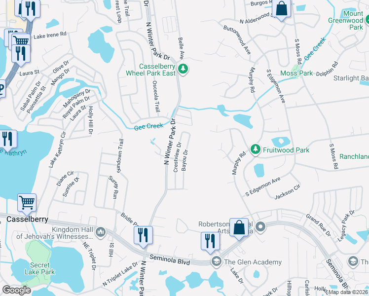 map of restaurants, bars, coffee shops, grocery stores, and more near 731 Bayou Drive in Casselberry