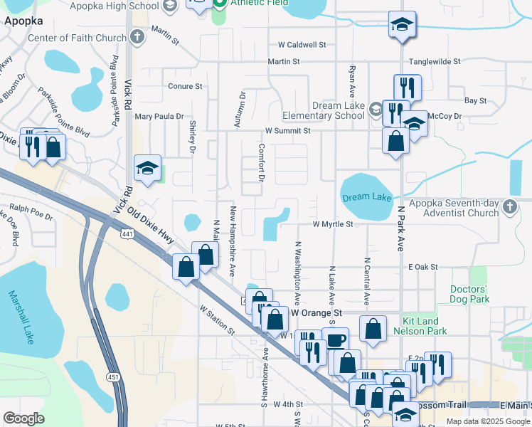 map of restaurants, bars, coffee shops, grocery stores, and more near 324 Edisto Place in Apopka
