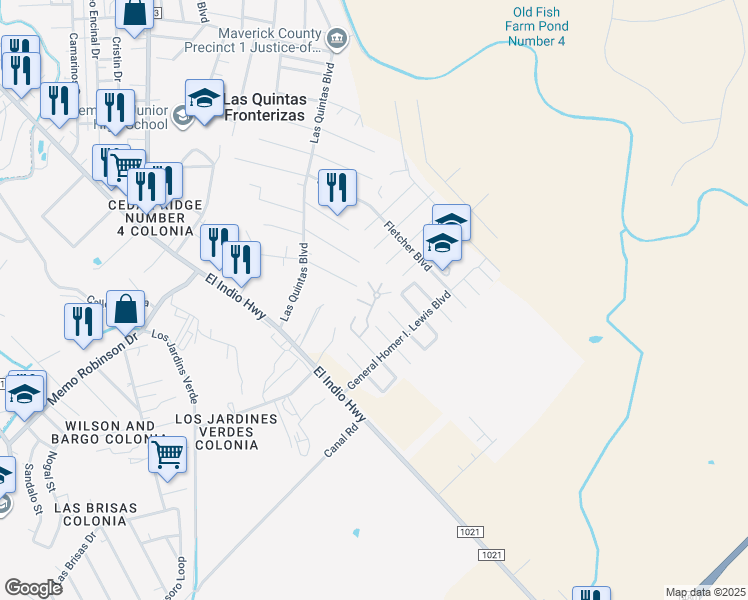 map of restaurants, bars, coffee shops, grocery stores, and more near 2293 Villa Circle in Eagle Pass