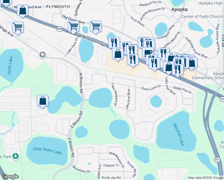 map of restaurants, bars, coffee shops, grocery stores, and more near 318 Lake Shepard in Apopka