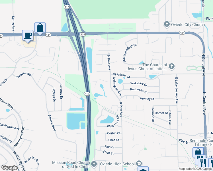 map of restaurants, bars, coffee shops, grocery stores, and more near 900 North Pine Avenue in Oviedo