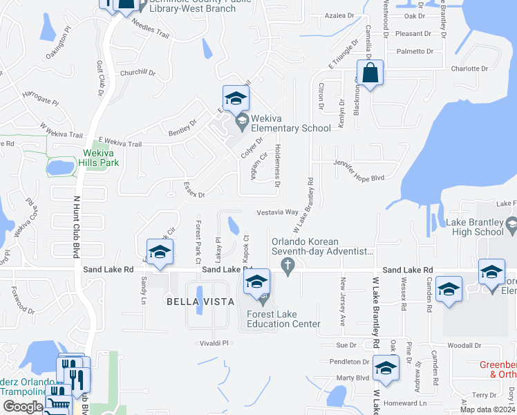 map of restaurants, bars, coffee shops, grocery stores, and more near 3540 Vestavia Way in Longwood