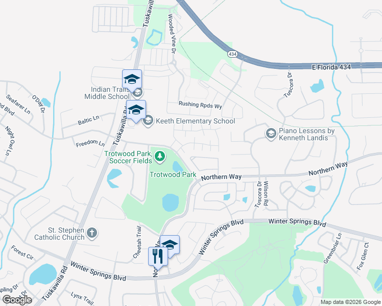 map of restaurants, bars, coffee shops, grocery stores, and more near 600 Northern Way in Winter Springs