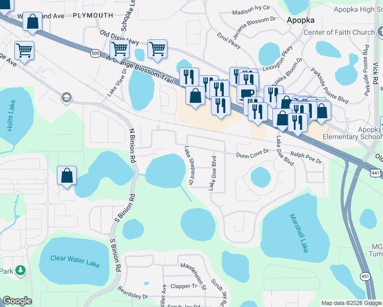 map of restaurants, bars, coffee shops, grocery stores, and more near 318 Lake Shepard in Apopka
