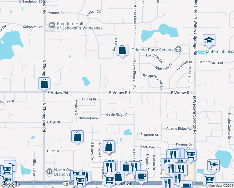 map of restaurants, bars, coffee shops, grocery stores, and more near 308 Wekiva Chase Boulevard in Apopka