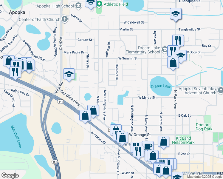 map of restaurants, bars, coffee shops, grocery stores, and more near 215 Rambling Circle in Apopka