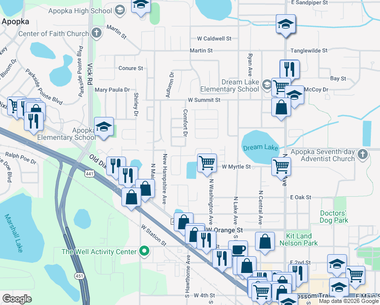 map of restaurants, bars, coffee shops, grocery stores, and more near 324 Edisto Place in Apopka