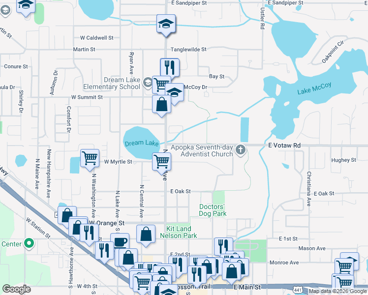 map of restaurants, bars, coffee shops, grocery stores, and more near 117 East Myrtle Street in Apopka