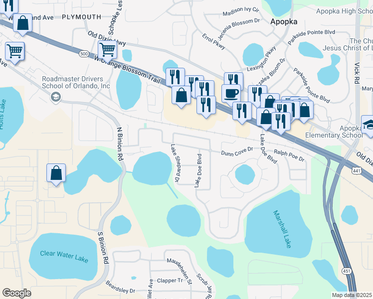 map of restaurants, bars, coffee shops, grocery stores, and more near 1736 Dunn Cove Drive in Apopka