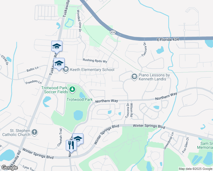 map of restaurants, bars, coffee shops, grocery stores, and more near 1377 Blue Spruce Court in Winter Springs
