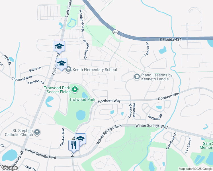 map of restaurants, bars, coffee shops, grocery stores, and more near 604 Casa Park Court East in Winter Springs