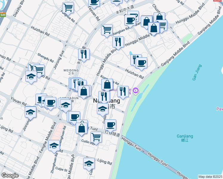 map of restaurants, bars, coffee shops, grocery stores, and more near Xin Fu Lu in Nan Chang Shi