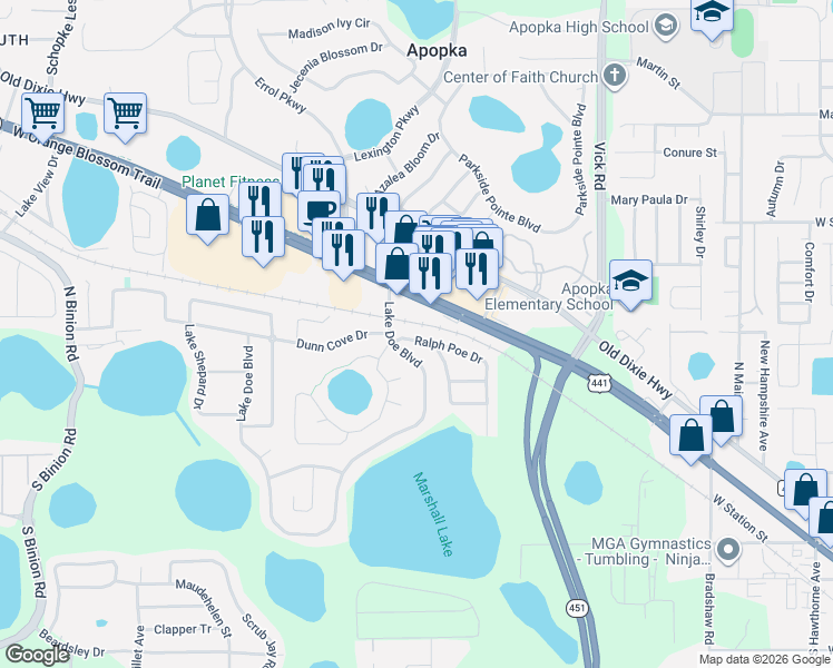 map of restaurants, bars, coffee shops, grocery stores, and more near 1120 West Orange Blossom Trail in Apopka