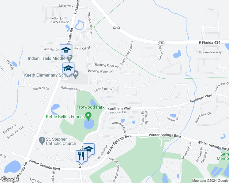 map of restaurants, bars, coffee shops, grocery stores, and more near 603 Casa Park North Court in Winter Springs