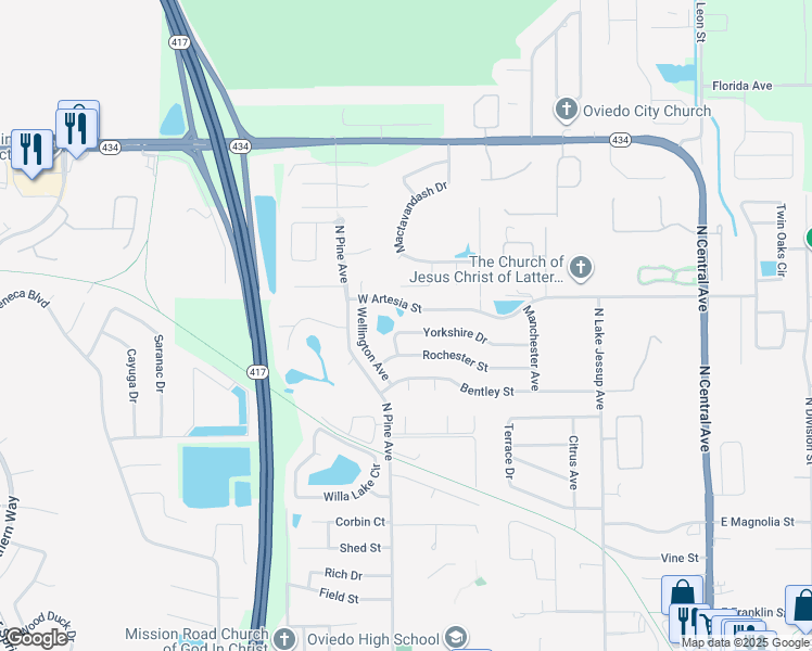 map of restaurants, bars, coffee shops, grocery stores, and more near 687 West Artesia Street in Oviedo