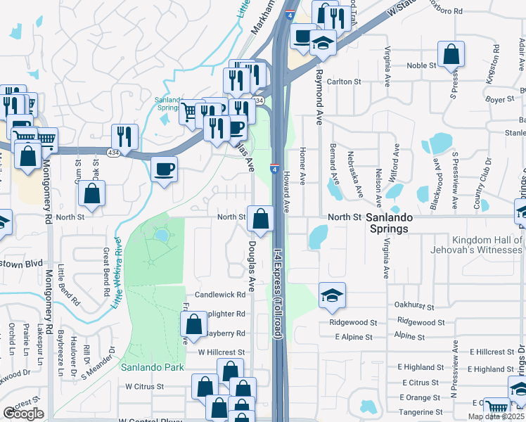 map of restaurants, bars, coffee shops, grocery stores, and more near 1001 Douglas Avenue in Altamonte Springs