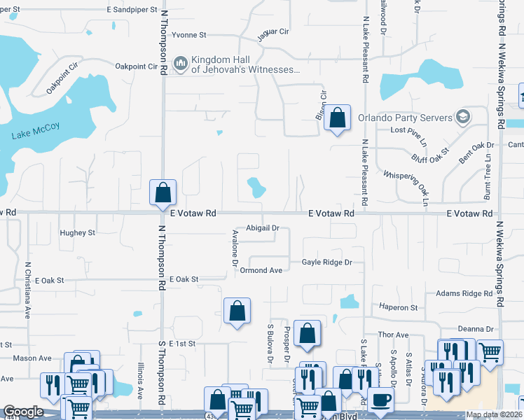 map of restaurants, bars, coffee shops, grocery stores, and more near 1401-1451 East Votaw Road in Apopka