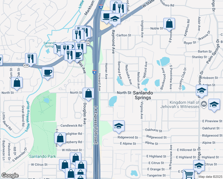 map of restaurants, bars, coffee shops, grocery stores, and more near 496 Raymond Avenue in Longwood