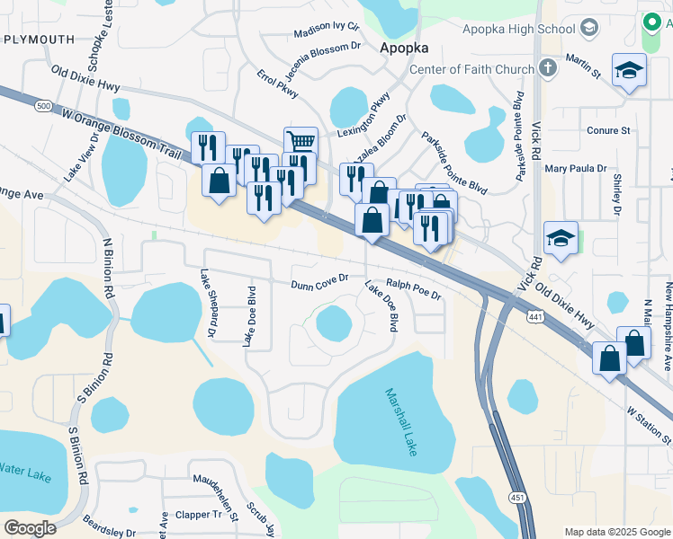 map of restaurants, bars, coffee shops, grocery stores, and more near 398 Lake Hill Place in Apopka