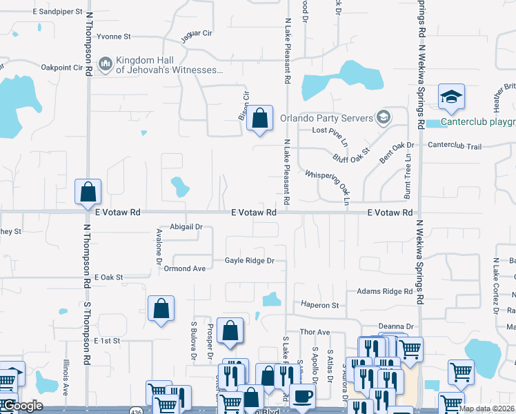 map of restaurants, bars, coffee shops, grocery stores, and more near 1661 Votaw Road in Apopka