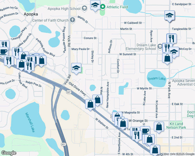 map of restaurants, bars, coffee shops, grocery stores, and more near 407 Shirley Drive in Apopka
