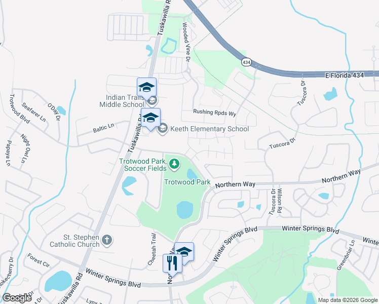 map of restaurants, bars, coffee shops, grocery stores, and more near 1305 Park Villa Place in Winter Springs