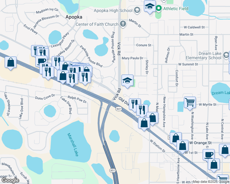 map of restaurants, bars, coffee shops, grocery stores, and more near 368 Ashley Brooke Court in Apopka