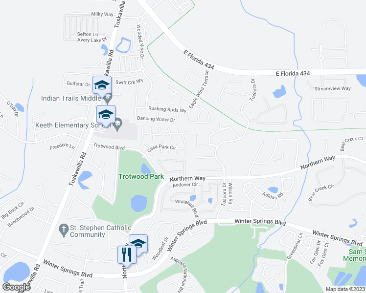 map of restaurants, bars, coffee shops, grocery stores, and more near 1352 Casa Park Circle in Winter Springs